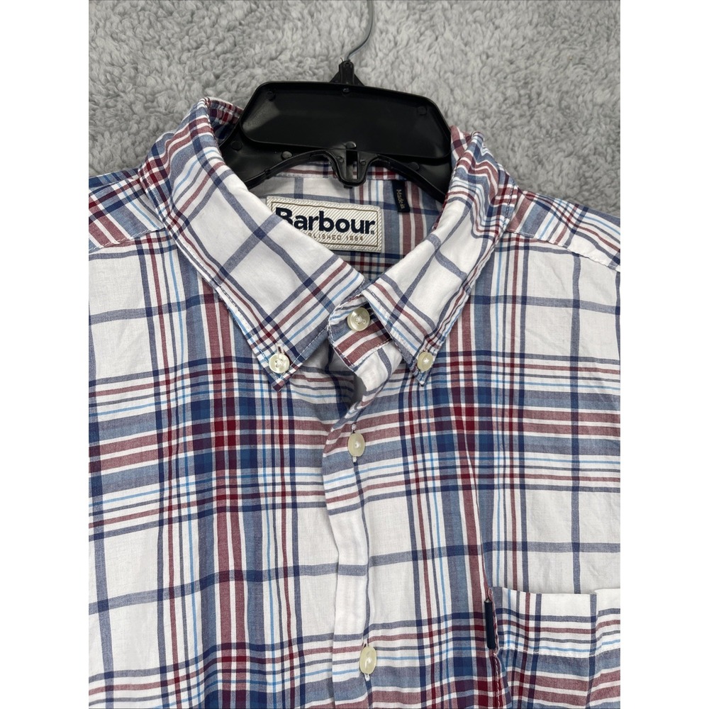 Barbour Mens Med Christopher Shirt White Blue Red Check Button Down Long Sleeve